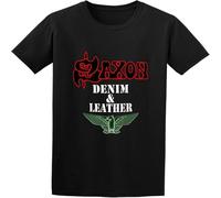 HANLINMY Men's Saxon Denim and Leather T-Shirt Comfortable Casual Graphic Tops Black L