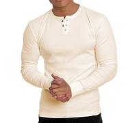 Hann Brooks T-shirt à manches longues en coton pour homme avec col 3 boutons, beige, M