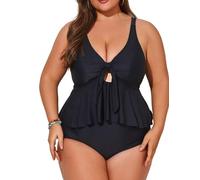 Hanna Nikole Bikini Femme Grandes Tailles Contrôle du Ventre Taille Haute Push Up Volant Swing Maillot de Bain Deux Pièces Sexy Col en V Noir 46 (Étiquette : 14W)