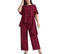 Hanna Nikole Ensemble de soirée en mousseline pour femme, grandes tailles, ensembles de cocktail, fête, festif, élégant, 2 pièces, col rond, manches courtes et taille haute, ensemble pantalon deux