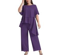 Hanna Nikole Ensemble pour femmes grandes tailles en mousseline de soie, ensemble de tenue de soirée cocktail party festif élégant 2 pièces, col rond manches courtes et taille haute, ensemble pantalon
