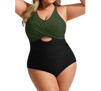 Hanna Nikole Maillot de Bain Une pièce Grande Taille pour Femme, Push-up, col en V, Monokini avec contrôle du Ventre, réglable, Vert armée et Noir, 44