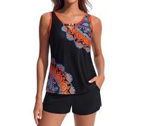 Hanna Nikole Tankini 2 pièces pour femme - Maillot de bain modeste - Col en V - Avec poches - Short de bain sportif - 2 pièces, Fleurs d'oranger, XL