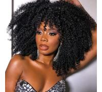 Hanne Fashion Perruques afro Bomb pour femmes noires - Perruque synthétique bou avec frange - Cheveux courts et bouclés - Noir naturel