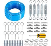 hannger Tendeurs de câbles, 3MM X 30M Kit de câbles en acier enrobés de PVC bleu, câble en acier multi-usage pour vigne/corde à linge à l'extérieur pour piquet en T/suspendre la lumière
