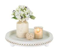 Hanobe Centre de Table Plateau Decoratif: Vintage Rond Perles Plateau Bois Lavage Blanc avec Pieds pour Salon Chambre 30cm Retro Bougie Déco pour Maison Table Basse