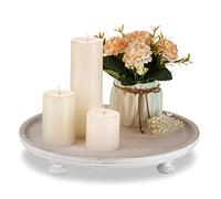 Hanobe Piédestal Bois Stand Riser: Rond Plateau Decoratif Ferme Salle De Bains Évier Porte- Plats Blanc Plateau de Service pour Bougie Décoration