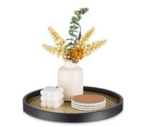 Hanobe Plateau à café rond décoratif : plateau de table basse en rotin avec cadre en bois noir pour le rangement et la présentation, plateau de service pour comptoir, salon, commode, maquillage, 30 cm