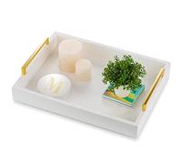 Hanobe Plateau Bois de Service avec Poignée en Or Grand Plateau Repas Utilisé pour Fête Lap Bed Table Basse Plateau Decoratif pour Parfum Bijoux Vanity Bibelot Petit Déjeuner Dîner Bougie Thé, Blanc