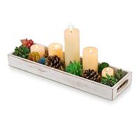 Hanobe Plateau de Service Bois: Rectangulaire Etroit Decoratif Cafe Bougeoirs Plats et Plateaux avec Poignées Rustique Lavage à l'eau Blanche Petit Deco Table Plateau en Bois Antidérapant e Bougie