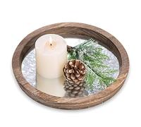 Hanobe Plateau de Service Bois: Rond Decoratif Bougies Plateaux Rustique Décoratives Plat de Table Vintage Miroir en tôle de Zinc-Fer Petit Plateau pour Ottoman Décoration Cuisine