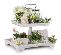 Hanobe Plateau de Service Decoratif Bois: Presentoir Rectangulaire de Table Basse Blanc pour Decoration - Plateau 2 Etages Rustique Vintage pour la Salon, 40 cm