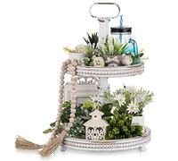 Hanobe Plateau de Service Decoratif Bois: Presentoir Rond de Table Basse Blanc pour Decoration - Plateau 2 Etages Rustique Vintage pour la Cuisine et Le Salon, 32 cm