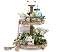 Hanobe Plateau de Service Decoratif Bois: Presentoir Rond de Table Basse Brun pour Decoration - Plateau 2 Etages Rustique Vintage pour la Cuisine et Le Salon, 32 cm