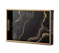 Hanobe Plateau de Service Decoratif: Moderne Plateau en Bois Rectangulaire Noir et Doré avec Anses Grain de Marbre Cafe Table Deco Grand Plateaux pour Bougie Cuisine