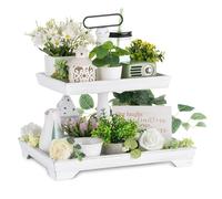 Hanobe Plateau Decoratif Bois de Service: 2 Etages Vintage Plateaux Rectangulaire Blanc Lavé pour Cuisine Ilot Central - Retro Plateau Decoratif Presentoir pour Table a Manger