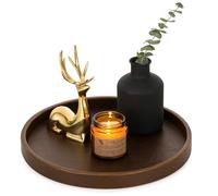 Hanobe Plateau Decoratif Rond Bois: Petit Faux Cuir Marron Plateaux Decor pour Table Basse Chic Mini Service Plateau Moderne Deco pour Canapé Cuisine
