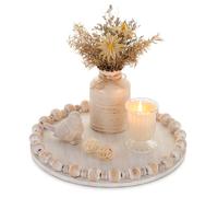 Hanobe Plateau Decoratif Rond Bois: Plateaux de Service avec Perles Boho Deco pour Table Basse - Petit Bougies Plateau Blanc Decoration Centre de Table Salle a Manger