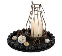 Hanobe Plateau Decoratif Rond Bois: Plateaux de Service avec Perles Boho Deco pour Table Basse - Petit Bougies Plateau Noir Decoration Centre de Table Salle a Manger