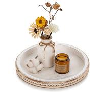 Hanobe Plateau Decoratif Rond Bois: Rustique Service Plat Petit Blanc Cafe Plateaux Perles Boho Mini Table Plats Ferme Deco pour Repas Canapé Cuisine, 30cm