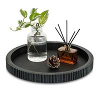Hanobe Plateau Decoratif Rond Deco: Vintage Plateaux Bois Noir de Service pour Cuisine Salon - 30cm Shabby Chic Decoration Chambre Rayures Verticales pour Table Basse Entrée