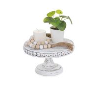 Hanobe Presentoir a Gateau Plateau Bois: Petit Rond Decoratif Support Gateau Rustique Décoratives de Table - Vintage Blanc Plateau Boho Perles Deco pour Comptoir de Cuisine Table