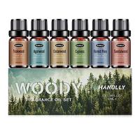 HANOLLY Huile Essentielle Bois 6x 10ML, Huiles Essentielles Naturelle Pour Diffuseur, Massage, DIY Bougie - Bois de Teck, Agar, Cèdre, Santal, Cyprès, Pin des Forêts