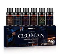 HANOLLY Huile Essentielle HOMME LEADER 6x 10ML, Huiles Essentielles Naturelle Pour Diffuseur, Massage, DIY Bougie- Champ Libre, Ébène Souverain, Aisance & Allure, Noir Tabac, Cèdre Majeur
