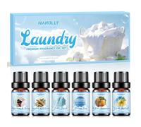 HANOLLY Huile Essentielle Lessive 6x 10ML, Huiles Essentielles Naturelle Pour Diffuseur, Massage, DIY Bougie - Energie Pure, Été d'Agrumes, Santal & Vétiver, Automne Clair, Jardin Fruité, Brume Marine
