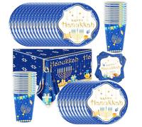 Hanoukka Set de vaisselle de fête 73 pièces - Fournitures de fête pour 24 invités - Décorations Happy [assiettes de 9 pouces, serviettes, tasses, nappe]