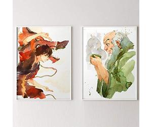 Hanpmy Peinture à l'aquarelle Affiches d'impression d'art et impression d'Avatar Le dernier maître de l'air Peinture d'art mural Photo murale Décor de salon-(50X70cm) X2 Sans cadre