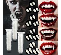 Hanqing Lot de 12 dents de vampire, 4 tailles de crocs avec 3 tubes adhésifs pour Halloween, fête d'horreur, cosplay