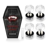 Hanqing Lot de 4 paires de crocs de vampire, 4 tailles de crocs pour Halloween avec 1 tube adhésif solide, fausses dents de vampire pour cosplay, fête, crocs de fête