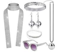 Hanraz Lunettes de Disco, Boucles d'Oreilles, Écharpe, Serre-Tête, Collier, Paillettes, Glitz, Costumes de Carnaval, Accessoires de Disco, Argent, Carnaval, Fête à Thème, Mardi Gras, taille unique