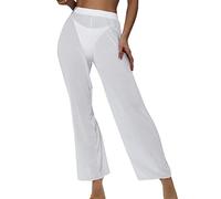 Hanraz Pantalon transparent pour femme - Tenue de festival - Tutu sexy - Pantalon décontracté en maille - Taille haute - Pantalon à paillettes - Pantalon de plage - Pantalon long, A02 blanc., L