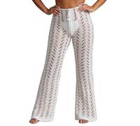 Hanraz Tenue de festival pour femme Rave Transparent Sexy Tutu à paillettes Disco Mesh Pantalon de plage long décontracté Pantalon évasé Taille haute Pantalon à paillettes, A03 blanc., M