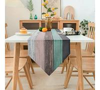 Hanrunsi Chemin de Table Lin Sarcelle Rayures Ferme Rustique Rétro Grange Bois Texture Table Runner pour Salle À Manger Farmhouse Party Pique Cuisine Gratuite Dîner Décoration 40x140cm