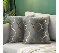 Hanrunsi Coussin Gris Lot de 2 Housses de Coussin Gris et Dorées 40x40cm Velours Décoratif 16 x 16'' Taie d'oreiller Souple Coussins Décoratifs Carrés pour Canapé Chambre Salon