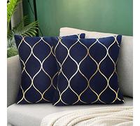 Hanrunsi Housse de Coussin Bleu Marine Velours 40x40cm avec Taies d'oreiller Dorées Géométrique 16 x 16 Coussins Décoratifs Carrés en Velours Lot de 2 pour Chaises de Canapé de Salon