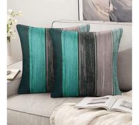 Hanrunsi Housse de Coussin de Canapé 40 x 40 Turquoise Lin Coton Décoratif Canapé Moderne Carré Bois Rayé Rétro pour Canapé Lit Voiture Salon Chambre Décor à la Maison Lot de 2