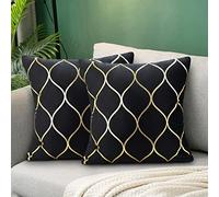 Hanrunsi Housse de Coussin Noir et Or 45x45 Lot de 2 Géométrique Doux Décoratif Carré Velours Taies d'oreiller pour Canapé Chaise Balcon avec Fermeture Invisible