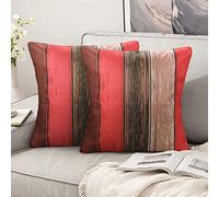 Hanrunsi Housse de Coussin Rouge 40 x 40 cm Lin Taie d'oreiller Decoratif Rayures Colorées Ferme Rustique Texture du Bois Rouge Orange Gris Taies d’Oreiller pour Canapé Chaise Balcon Lot de 2