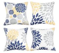 Hanrunsi Lot de 4 Housses de Coussin carrées décoratives en Velours Bleu et Jaune avec Fleur Grise pour Maison, Chambre à Coucher, Salon - 45 x 45 cm