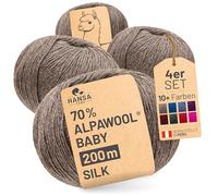 HANSA-FARM | Alpawool 70 % bébé alpaga avec 30 % soie - 200 g - Lot de 4 x 50 g - Laine soyeuse et sans rayures - Pour tricot et crochet - NFA06 marron