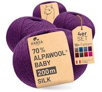 HANSA-FARM | Alpawool - 70 % bébé alpaga - Avec 30 % soie - 200 g - Lot de 4 x 50 g - Laine soyeuse et sans rayures - Pour tricot et crochet - CF205 violet