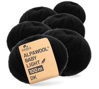 HANSA-FARM Alpawool Alpaga Bébé Light 100 DK Lot de 6 Pelotes de Laine Légère et Sans Rayures, pour Tricot et Crochet, NFA15 Noir