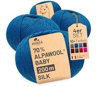 HANSA-FARM | Alpawool CF259 bleu pétrole 70 % bébé alpaga avec 30 % soie, 200 g (4 x 50 g) de laine soyeuse et sans rayures, pour tricot et crochet, bleu pétrole