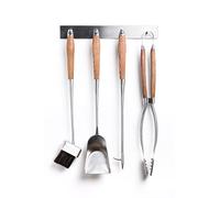 Hansa Premium Ensemble d'outils de cheminée (4 pièces) et support mural en acier inoxydable avec poignées en chêne