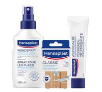 HANSAPLAST Lot avec Spray Antiseptique Désinfectant (1 x 100 ml), Pansements adhésifs classiques (1 x 10), Pommade cicatrisante non parfumée tous types de plaies (1 x 50g), kit de secours pratique