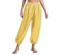 Hansber Bauchtanz Pantalon Femme Long Satin Harem Pantalon Élastique Arabe Tanzhose Taille Haute Pantalon pour Carnaval Fête À Thème Jaune XL